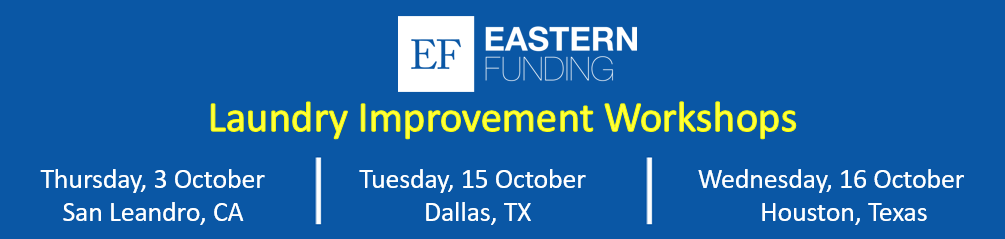 Banner of the Laundry Improvement Workshops. Thursday, 3 October in San Leandro, CA, Tuesday, 15 October in Dallas, TX, and Wednesday, 16 October in Houston, TX. 